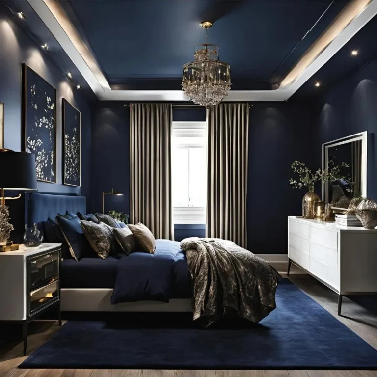 dark and moody blue bedroom