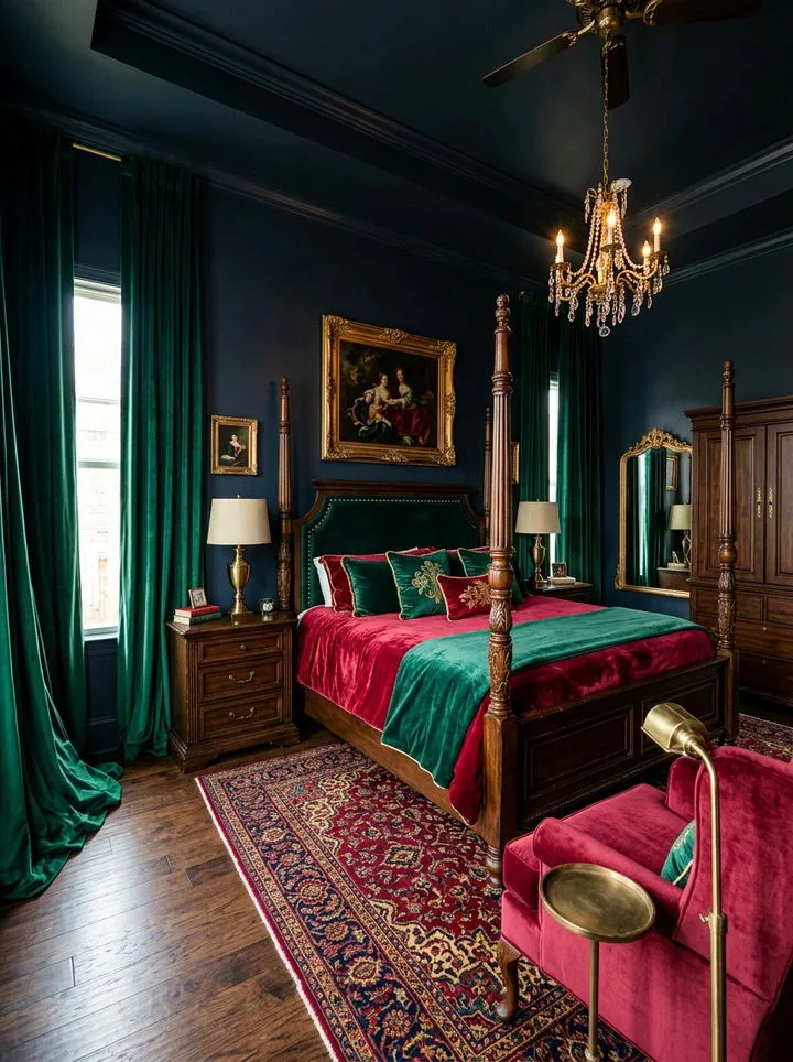 eclectic moody jewel tone bedroom